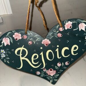Vintage Wood Hanging Green Heart Rejoice Sign Hand Painted Country Floral